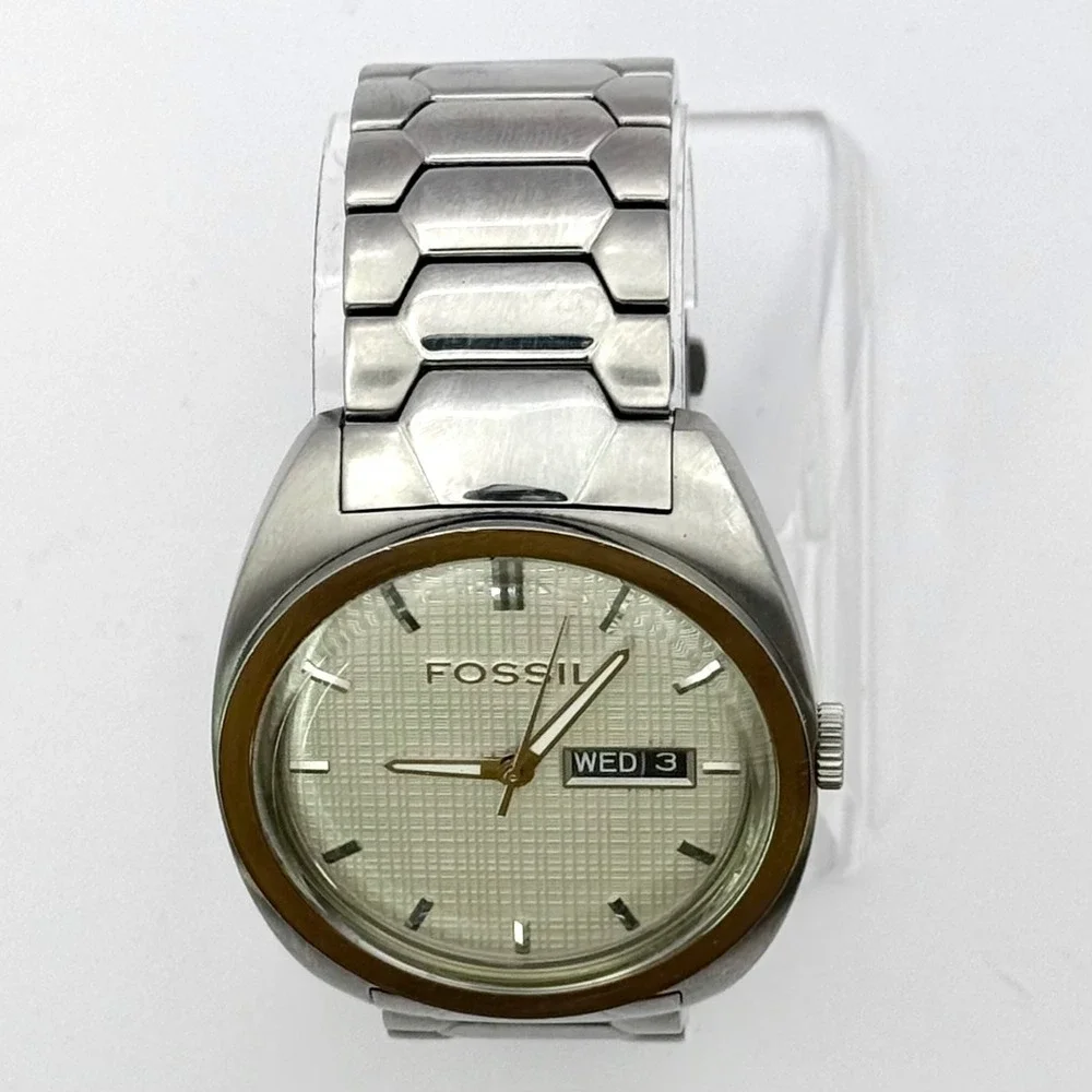 Fossil FS4053 Stainless Steel 40mm Day Date Silver Dial Mens Watch 50M new‎ batt